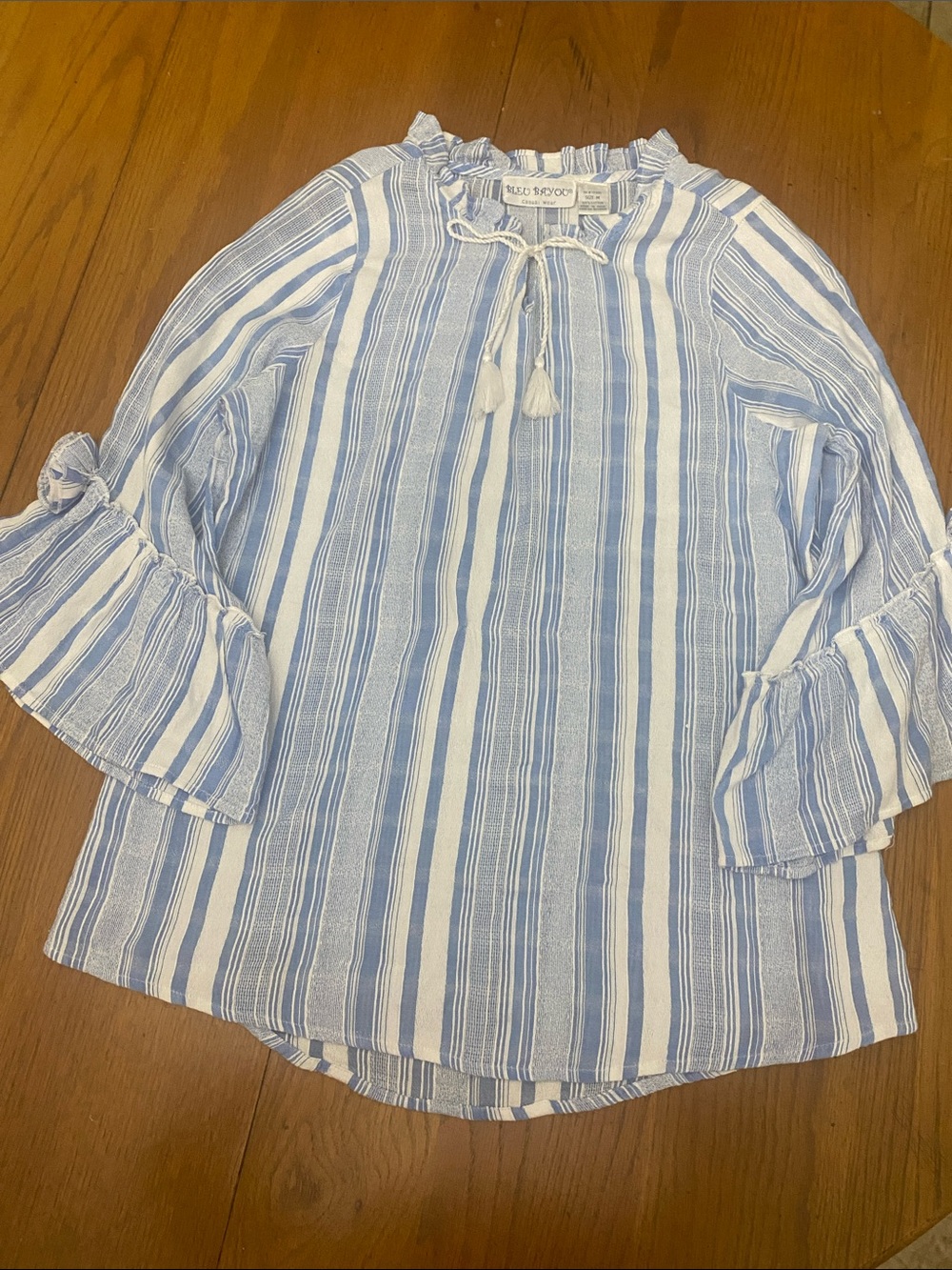 Bleu Bayou Blue & White Striped Ruffle Sleeve Top, Size M